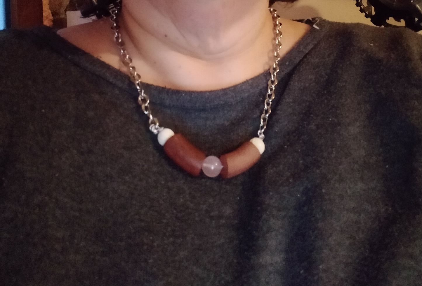 Collier mixte en bois, pierre et os